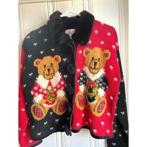 VTG 90s Elana Carello Bear Christmas Cardigan Faux Fur Collar Pom Buttons